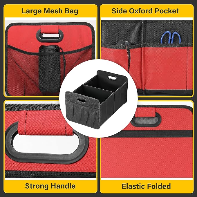 2 Compartments Car Trunk Organizer, 600D Oxford Polyester Car Storage, Anti-slip 14" D x 22" W x 12" H Collapsible Trunk Storage, Suitable for SUV, Minivan, Truck, Red New