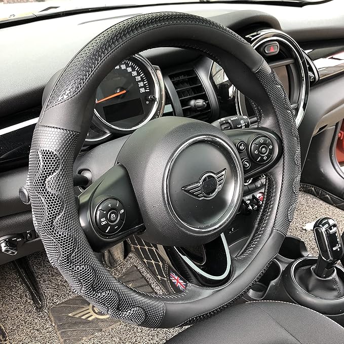 Large Size Steering Wheel Cover Great Grip with 3D Honeycomb Anti-Slip Design, 15.5-15.75 Inch (All Black)