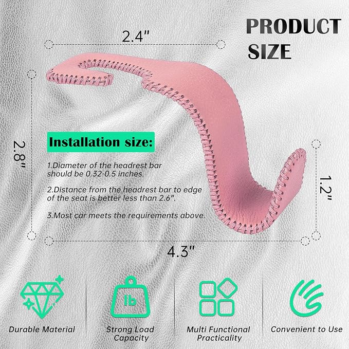 Car Seat Headrest Hook Universal Vehicle Storage Hanger Leather with Metal Car Seat Back Organizer for Handbag Purse Coat Pink 2 Pack