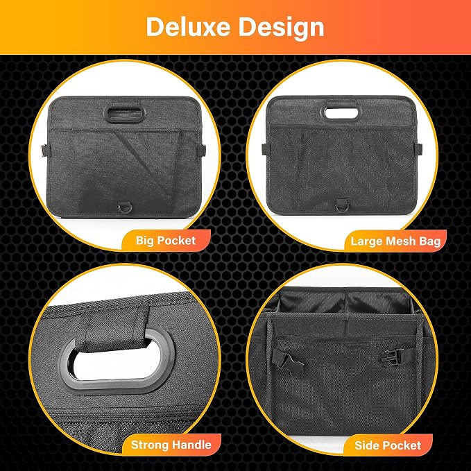 Multi Compartments Collapsible Car Trunk Organizer, 600D Waterproof Oxford Polyester 50L Car Storage with Adjustable Strap & Anti-slip Bottom, for SUV, Truck, Black New