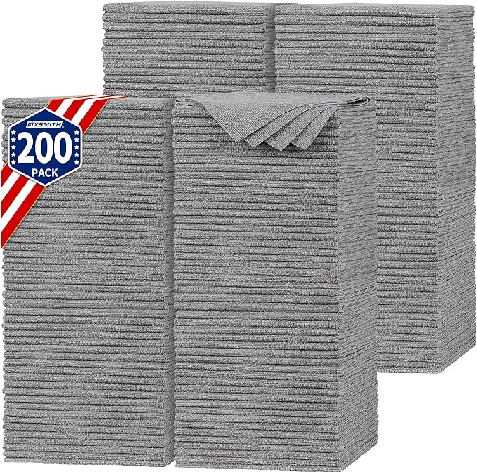 Shop Towels, Pack of 200, Grey Microfiber Cleaning Cloth Bulk, Microfiber Towels for Cars, All-Purpose Absorbent Cleaning Rags, Dust Cloth for Automotive, Mechanic, Garage, 11.5 x 11.5 inch