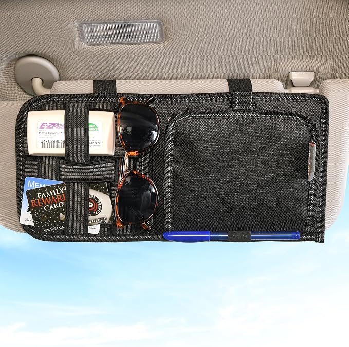Car Sun Visor Organizer with Hidden Auto Registration and Insurance Holder, Car Visor Mirror and Grip Band Storage Panel for Sunglasses and Driving Essentials